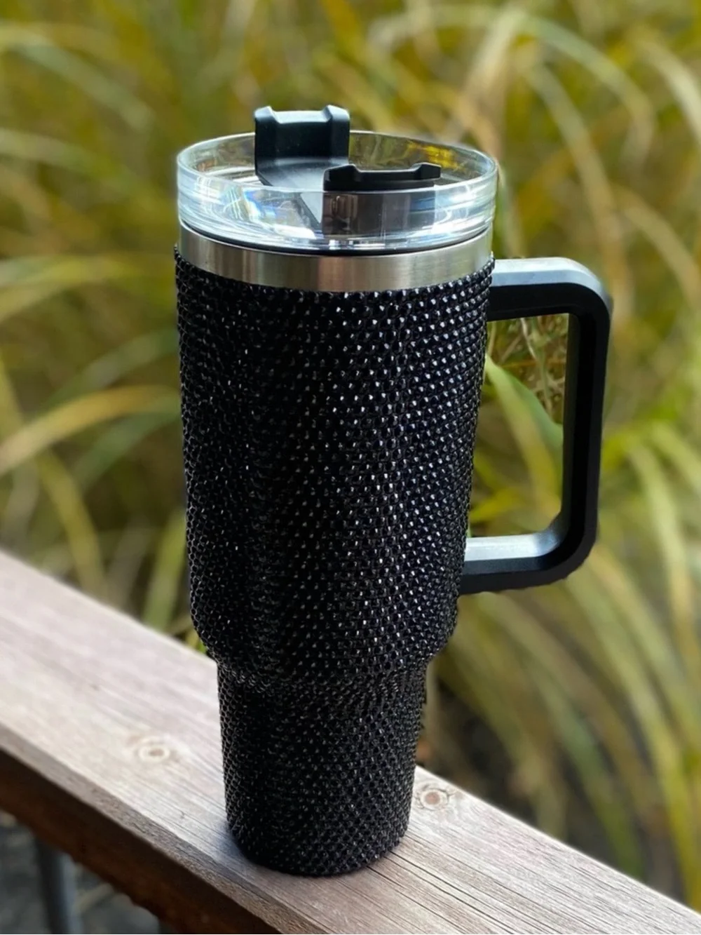 Black Rhinestone Bling Travel Tumbler Spill-Proof Lid Straw Handle 40 ounces NIB